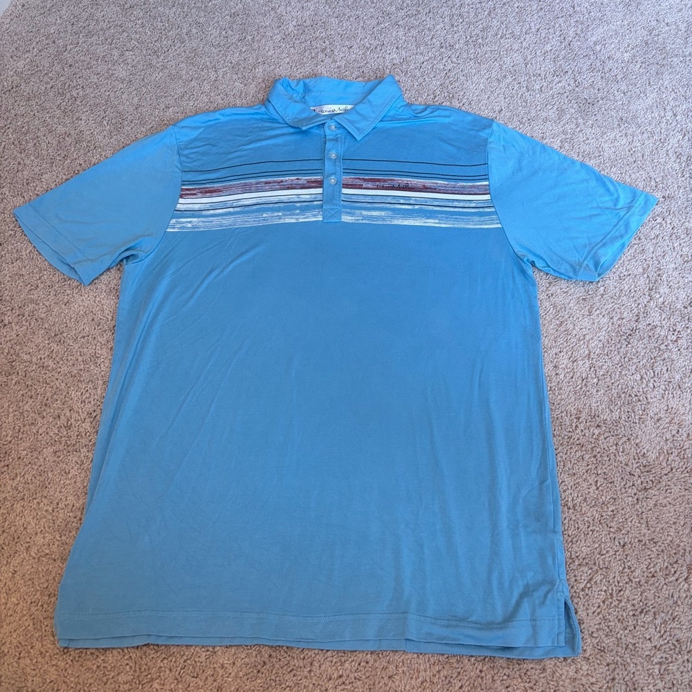 Travis Mathew Blue Polo Golf Shirt with Striped Design and Relaxed Fit. Size L
